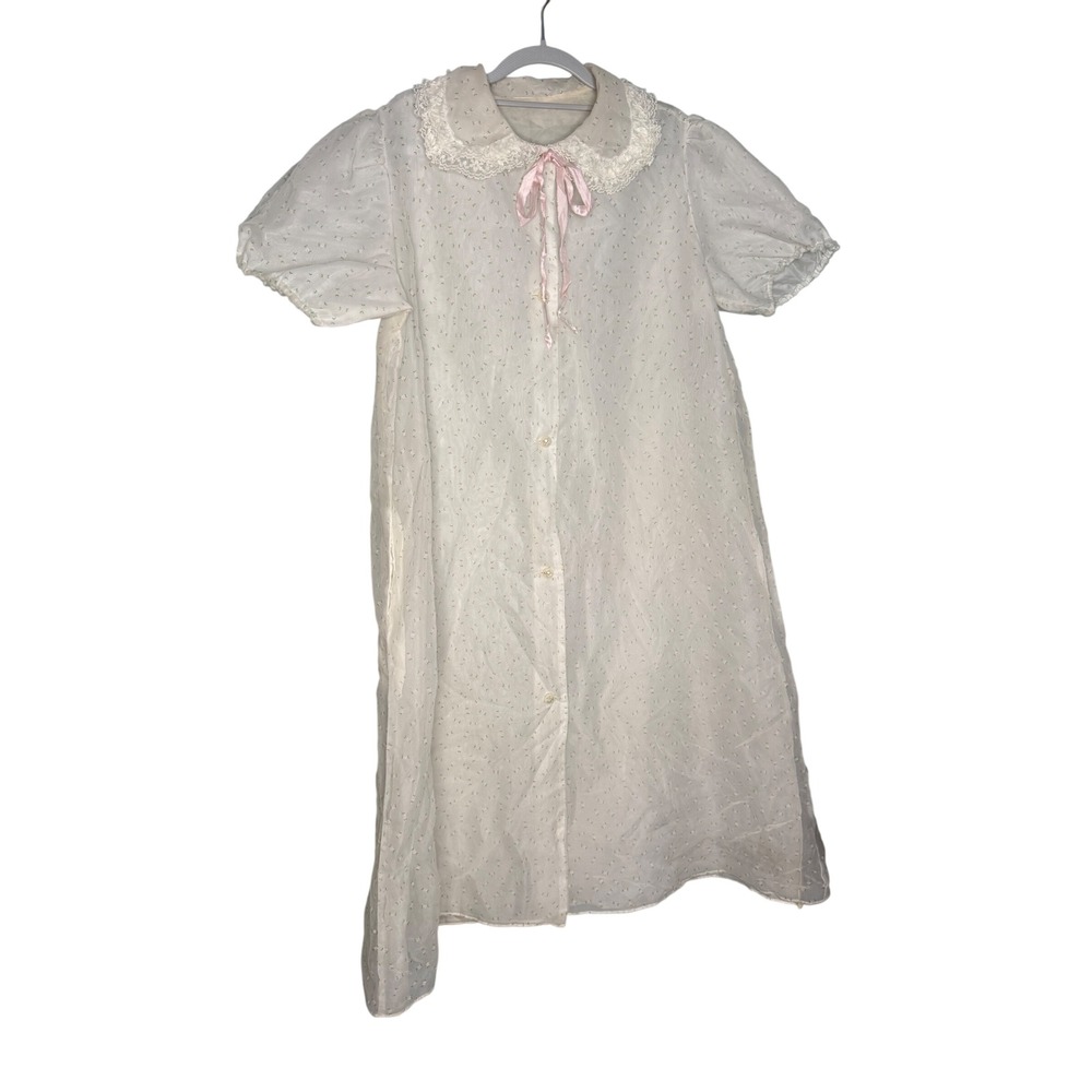Vintage 70s-80s sheer floral embroidered short sleeve buttons peignor prairie